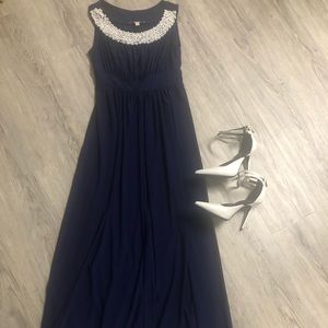 Pearl embellished Navy blue formal maxi dress Petite Small